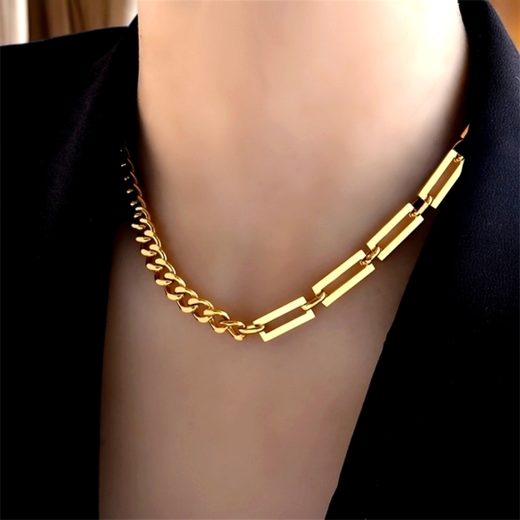 🆕️18K Gold Plated Cuban Chain Necklace + FREE Stainless Steel Earrings! Trendy - Picture 1 of 16